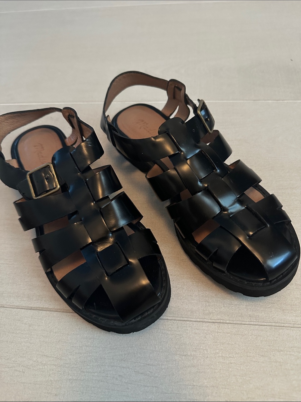 Women's Black Leather Woven Fisherman Sandals